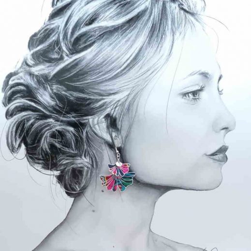Boucles d'oreilles Ginkgo en Liberty Revival fushia Boucles d'oreilles Ginkgo en Liberty Revival fushia