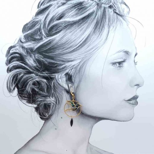 boucles d'oreilles oiseau colibri et plume en liberty Revival moutarde boucles d'oreilles oiseau colibri et plume en liberty Revival moutarde