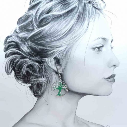 Boucles d'oreilles Arbre de vie et feuille en liberty Capel émeraude Boucles d'oreilles Arbre de vie et feuille en liberty Capel émeraude