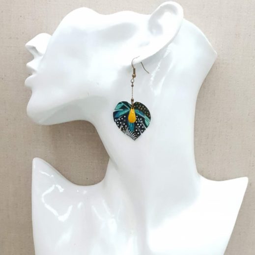 20210418_182502 Boucles d'oreilles feuille et tortue tissu jungle