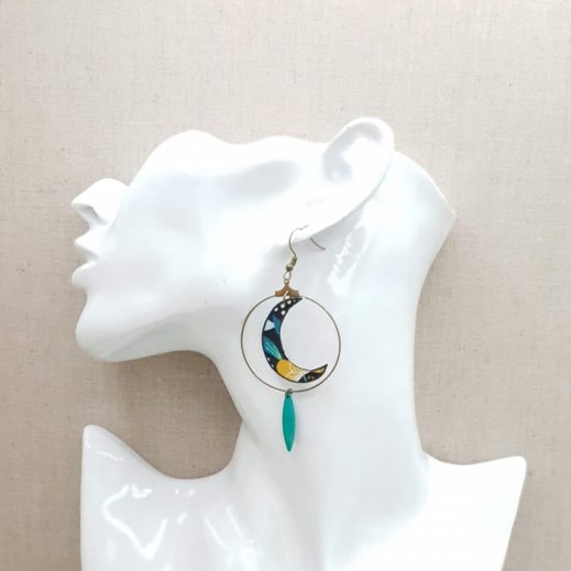 20210418_182659 Boucles d'oreilles lune tissu nagoya émeraude