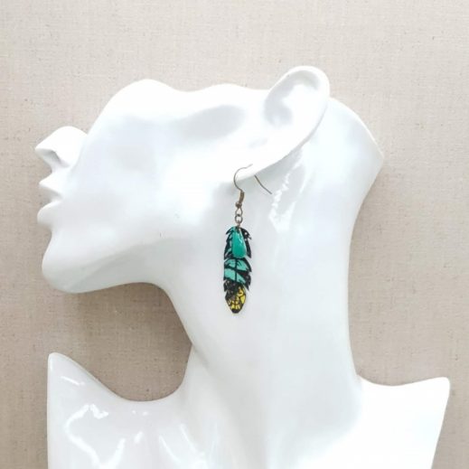 20210418_182715 Boucles d'oreilles plume tissu nagoya émeraude