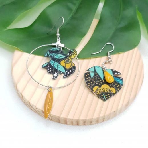 20210424_123551 Boucles d'oreilles Tortue et feuille tissu nagoya émeraude