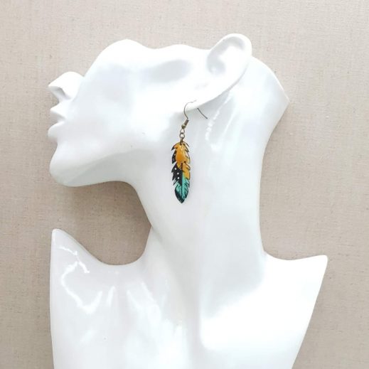 20210425_172559 Boucles d'oreilles tortue et plume tissu nagoya émeraude