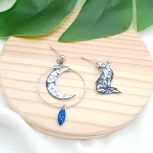 Boucles d'oreilles mini loup et mini lune liberty adelajda bleu