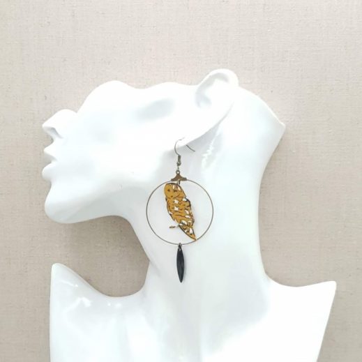 20210502_083146 boucles d'oreilles chouette et plume liberty capel moutarde