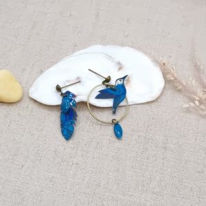 boucles d'oreilles mini colibri et plume liberty Mitsi deep blue