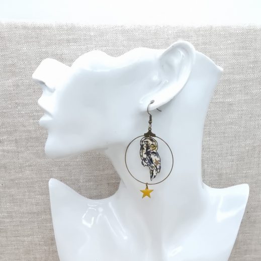 boucles d'oreilles chouette et lune en liberty boucles d'oreilles chouette et lune en liberty