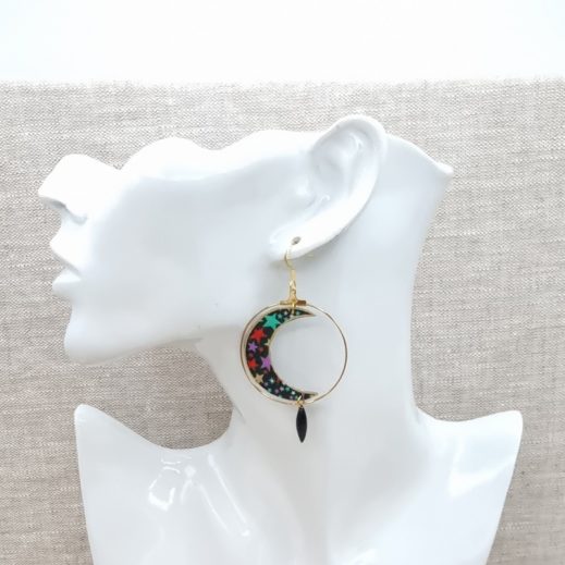 Boucles d'oreilles Chouette et Lune en Liberty Adelajda Wish noir Boucles d'oreilles Chouette et Lune en Liberty Adelajda Wish noir