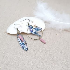 boucles d'oreilles colibri et plume wiltshire lilas