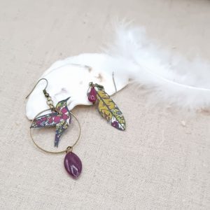 boucles d'oreilles colibri et plume liberty Margareth annie purple
