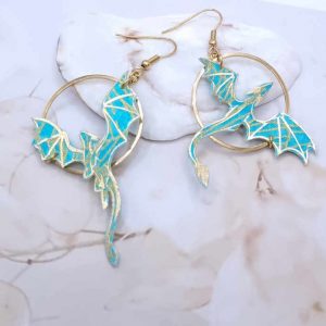 Boucles d'oreilles dragons en TISSU japonais Ginko turquoise