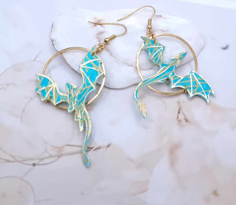 Boucles d'oreilles dragons en TISSU japonais Ginko turquoise