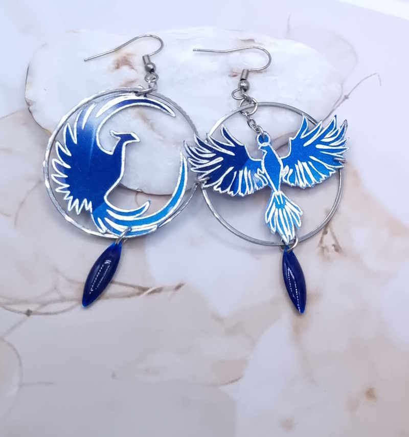 Boucles d'oreilles Phoenix en TISSU féérie bleu