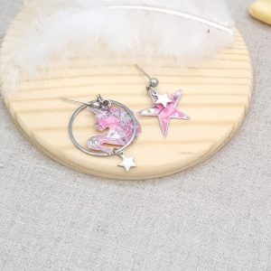 boucles d'oreilles mini licorne et étoile en liberty mitsi valéria rose
