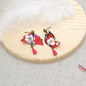 boucles d'oreilles Mini ginkgo et papillon en liberty Mitsi hibiscus