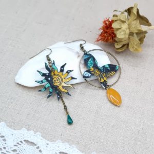Boucles d'oreilles Soleil et Papillon coton Nagoya Emeraude