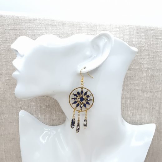 Boucles d'oreilles Attrape-rêve et plumes en liberty capel Navy Boucles d'oreilles Attrape-rêve et plumes en liberty capel Navy