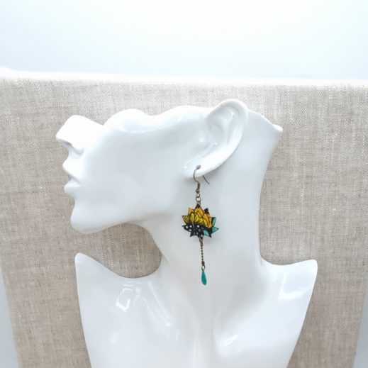 Boucles d'oreilles Lotus et Buddha en coton Nagoya émeraude Boucles d'oreilles Lotus et Buddha en coton Nagoya émeraude