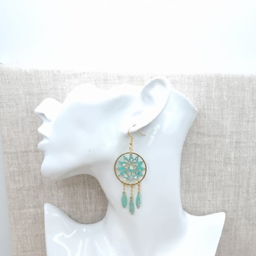 Boucles d'oreilles Attrape-rêve et plumes en liberty capel Mint Boucles d'oreilles Attrape-rêve et plumes en liberty capel Mint