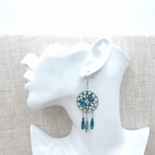 Boucles d'oreilles Attrape-rêve et plumes en liberty Mitsi menthe à l'eau Boucles d'oreilles Attrape-rêve et plumes en liberty Mitsi menthe à l'eau
