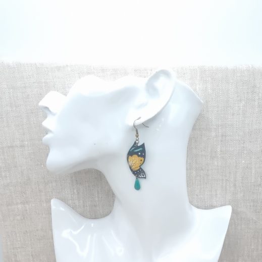 Boucles d'oreilles papillon et lotus en tissus Nagoya émeraude Boucles d'oreilles papillon et lotus en tissus Nagoya émeraude