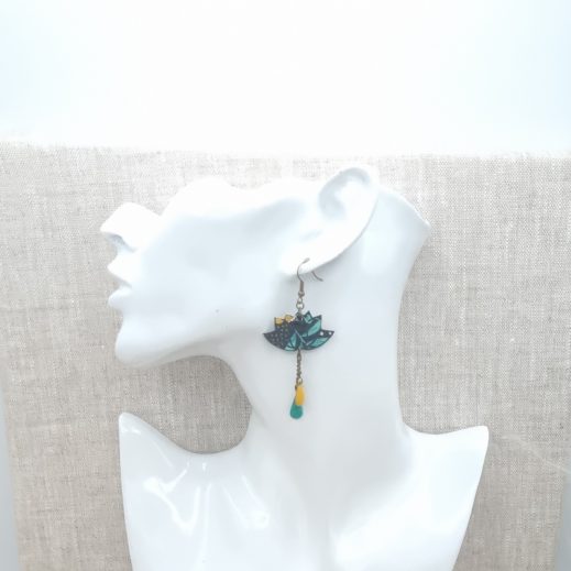 Boucles d'oreilles papillon et lotus en tissus Nagoya émeraude Boucles d'oreilles papillon et lotus en tissus Nagoya émeraude