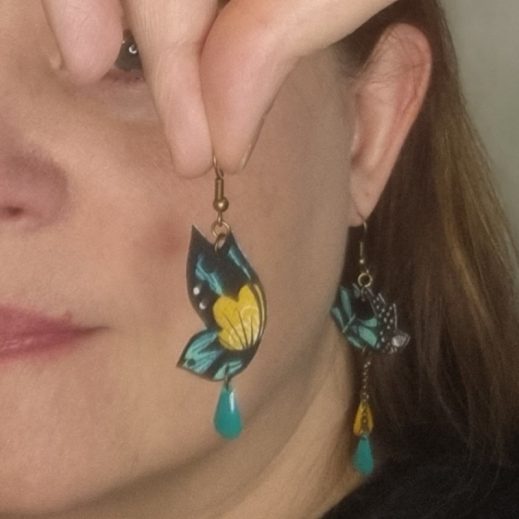 Boucles d'oreilles papillon et lotus en tissus Nagoya émeraude Boucles d'oreilles papillon et lotus en tissus Nagoya émeraude
