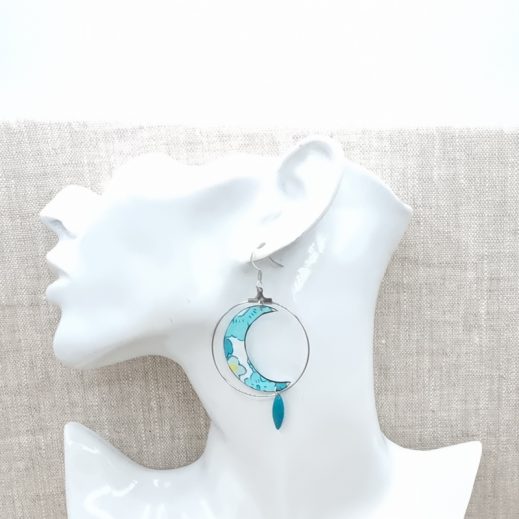 Boucles d'oreilles soleil et lune en Liberty Betsy mint and lemon Boucles d'oreilles soleil et lune en Liberty Betsy mint and lemon