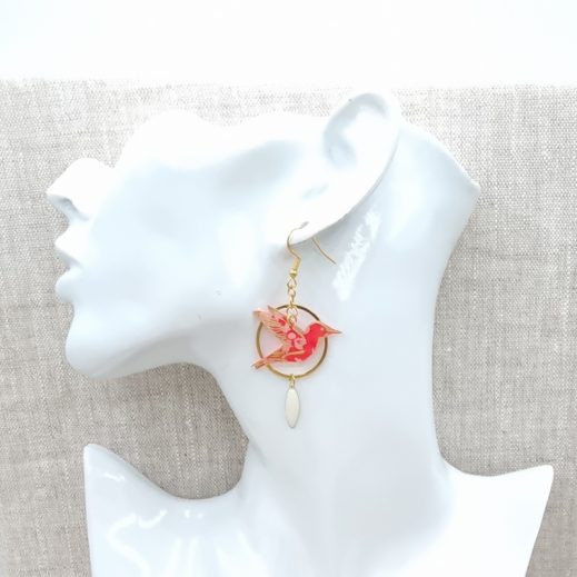 boucles d'oreilles colibri et plume liberty Capel Saumon boucles d'oreilles colibri et plume liberty Capel Saumon
