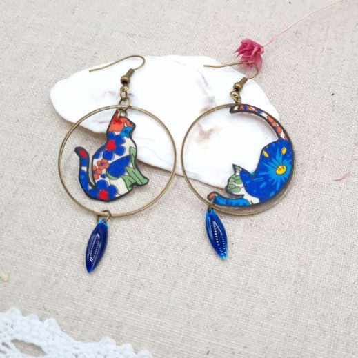 Boucles d'oreilles chats en liberty Margareth annie orange et bleu