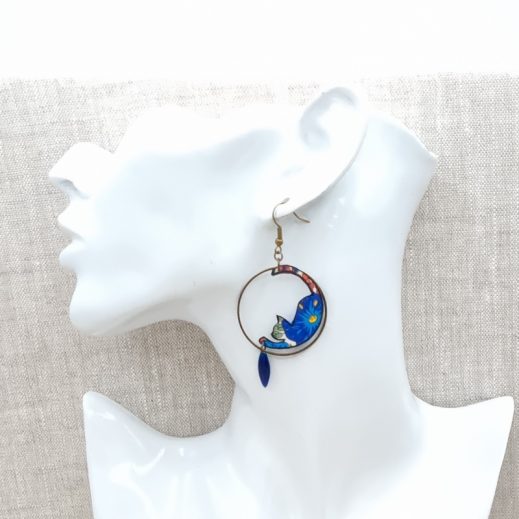 Boucles d'oreilles chats en liberty Margareth annie orange et bleu Boucles d'oreilles chats en liberty Margareth annie orange et bleu