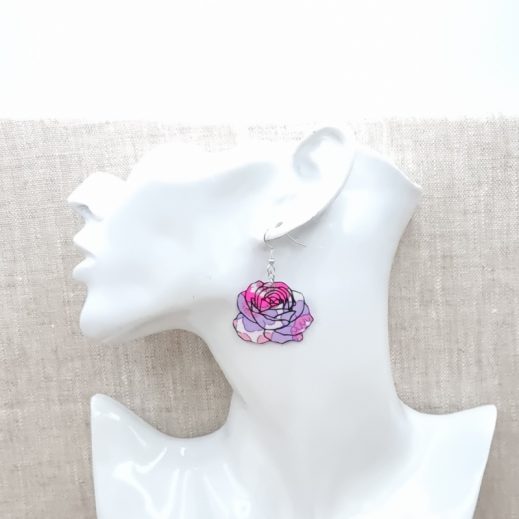 boucles d'oreilles oiseau et rose en liberty betsy fluo rose et violet boucles d'oreilles oiseau et rose en liberty betsy fluo rose et violet