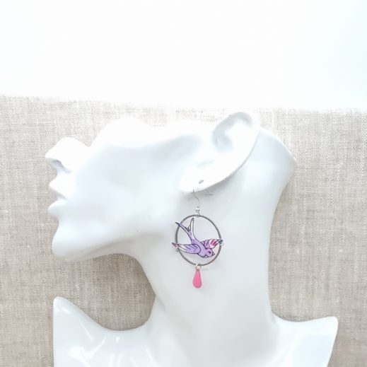 boucles d'oreilles oiseau et rose en liberty betsy fluo rose et violet boucles d'oreilles oiseau et rose en liberty betsy fluo rose et violet