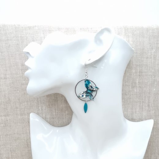 Boucles d'oreilles Papillon et Fleur de tiaré liberty mitsi menthe à l'eau Boucles d'oreilles Papillon et Fleur de tiaré liberty mitsi menthe à l'eau