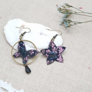 Boucles d'oreilles Papillon et Fleur de tiaré liberty star anisé violet