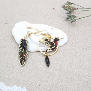 boucles d'oreilles colibri et plume liberty Erica noir
