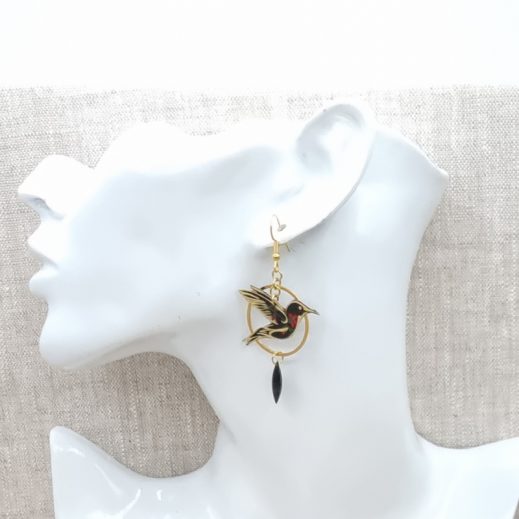 boucles d'oreilles colibri et plume liberty Erica noir boucles d'oreilles colibri et plume liberty Erica noir