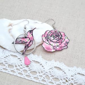 boucles d'oreilles colibri et rose liberty Mitsi valéria rose