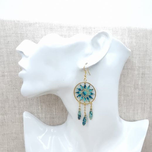 Boucles d'oreilles Attrape-rêve et plumes en liberty Capel canard Boucles d'oreilles Attrape-rêve et plumes en liberty Capel canard