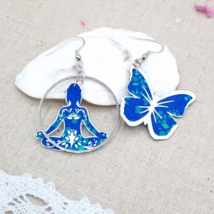 Boucles d'oreilles Papillon et Buddha en petit pan Hanako bleu