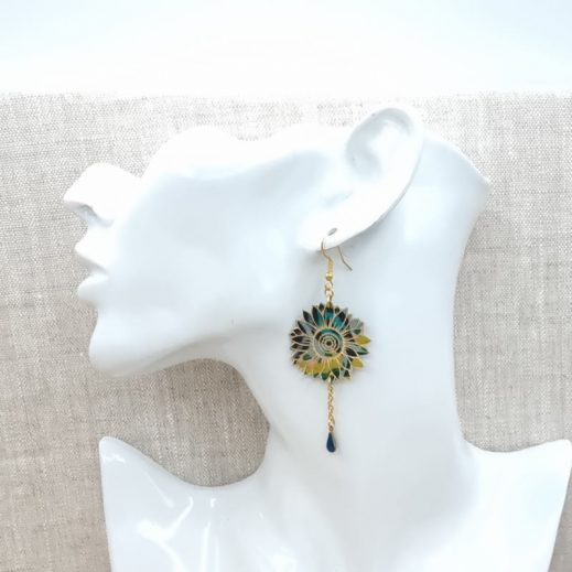 boucles d'oreilles plume et tournesol en liberty Revival moutarde boucles d'oreilles plume et tournesol en liberty Revival moutarde