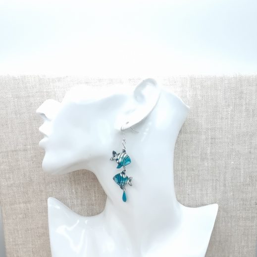 Boucles d'oreilles Raie Manta et poissons en liberty Mitsi menthe à l'eau Boucles d'oreilles Raie Manta et poissons en liberty Mitsi menthe à l'eau