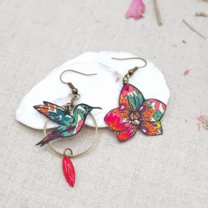 boucles d'oreilles oiseau colibri et orchidée en liberty Margareth Annie fushia