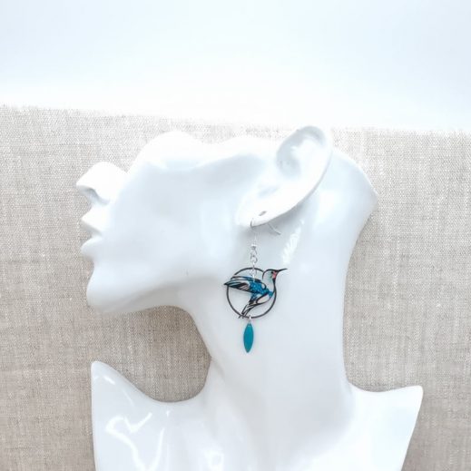 boucles d'oreilles oiseau colibri et fleur de tiaré en Petit pan osami turquoise boucles d'oreilles oiseau colibri et fleur de tiaré en Petit pan osami turquoise