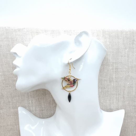 boucles d'oreilles oiseau colibri et hibiscus en liberty Faria B boucles d'oreilles oiseau colibri et hibiscus en liberty Faria B