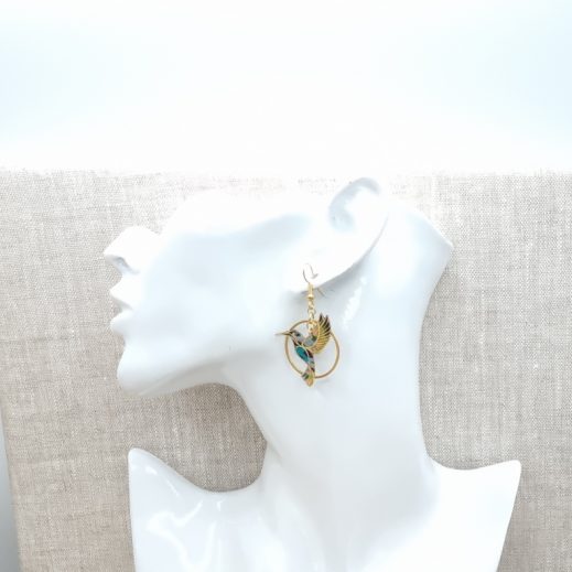 20220526_081631 boucles d'oreilles oiseau colibris en liberty Revival moutarde