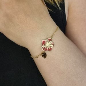 Bracelet fin fleur hibiscus en Liberty Capel rubis