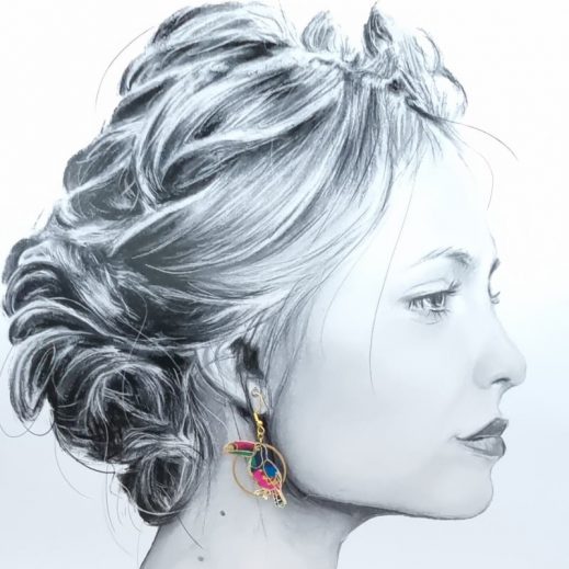 boucles d'oreilles Toucan et feuille en liberty Revival fushia boucles d'oreilles Toucan et feuille en liberty Revival fushia