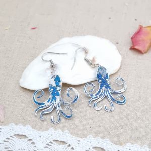 Boucles d'oreilles pieuvre poulpe en liberty Margareth Annie bleu